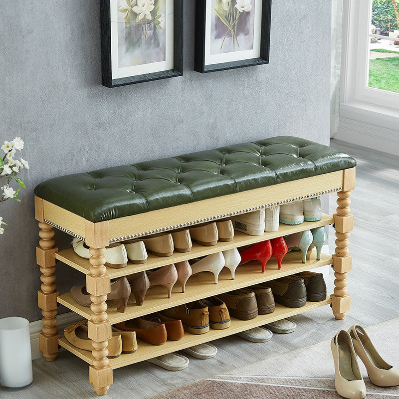 Rectangle 13.8" Wide Seating Bench Cushioned Upholstered Entryway Bench in Rubberwood 24"L x 14"W x 23"H Green Natural Clearhalo 'Benches' 'Chairs & Seating' 'furn' 'furn_benches' 'Furniture' 'Living Room Furniture' 6047620