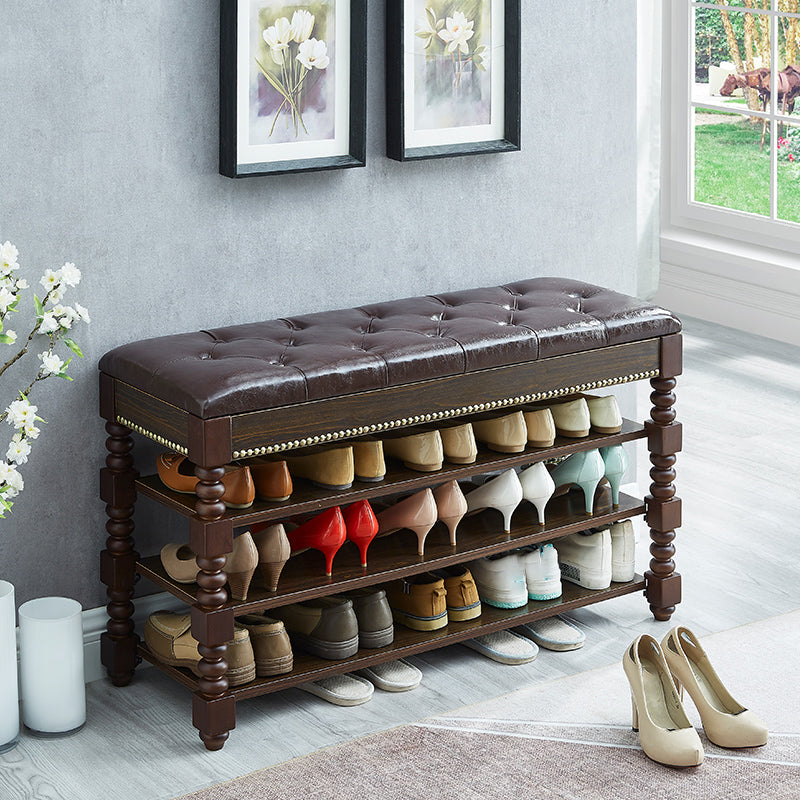Rectangle 13.8" Wide Seating Bench Cushioned Upholstered Entryway Bench in Rubberwood 39.4"L x 13.8"W x 22.8"H Brown Walnut Clearhalo 'Benches' 'Chairs & Seating' 'furn' 'furn_benches' 'Furniture' 'Living Room Furniture' 6047623