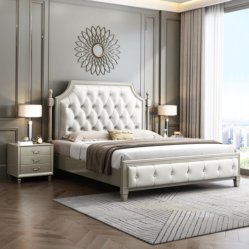 84.65 inch Wide Victorian Wingback Bed Frame Pine Wood Bed with Upholstered Headboard