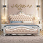 84.65 inch Wide Victorian Bed Frame Rubberwood Bed with Upholstered Headboard