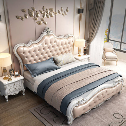 84.65 inch Wide Victorian Bed Frame Rubberwood Bed with Upholstered Headboard