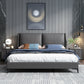 Grey Pine Wood Panel Bed Leather Bed Frame with Upholstered Headboard