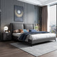 Grey Pine Wood Panel Bed Leather Bed Frame with Upholstered Headboard