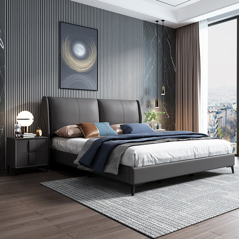 Grey Pine Wood Panel Bed Leather Bed Frame with Upholstered Headboard