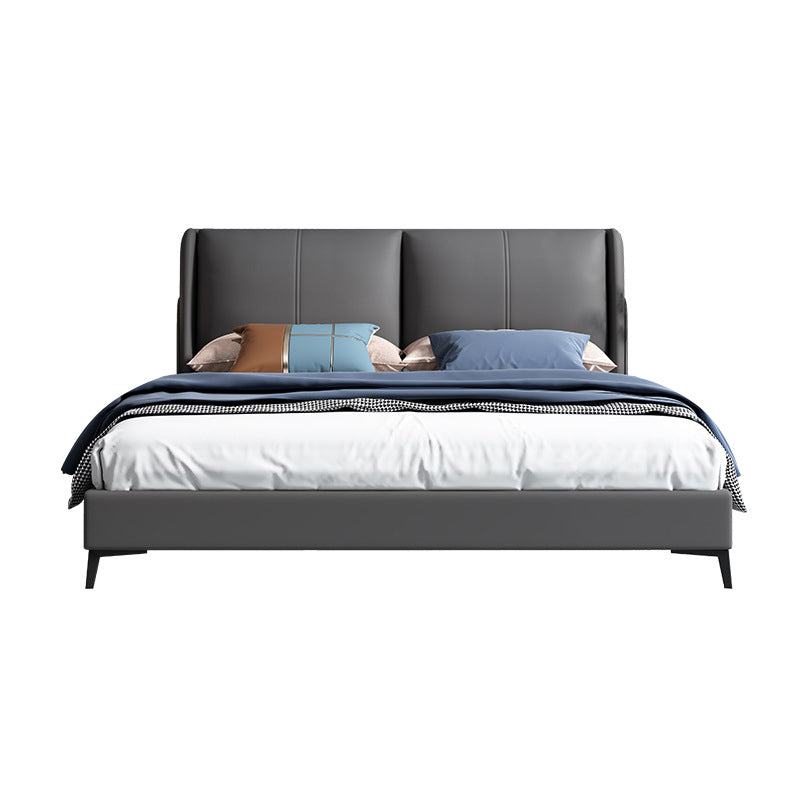 Grey Pine Wood Panel Bed Leather Bed Frame with Upholstered Headboard