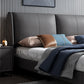 Grey Pine Wood Panel Bed Leather Bed Frame with Upholstered Headboard