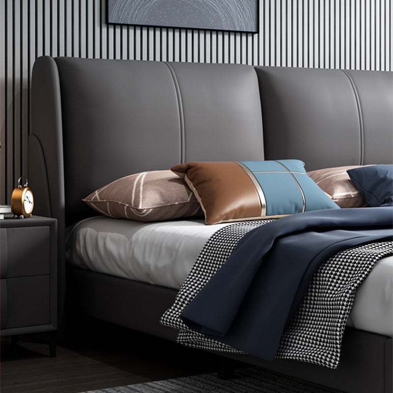 Grey Pine Wood Panel Bed Leather Bed Frame with Upholstered Headboard