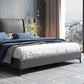 Grey Pine Wood Panel Bed Leather Bed Frame with Upholstered Headboard