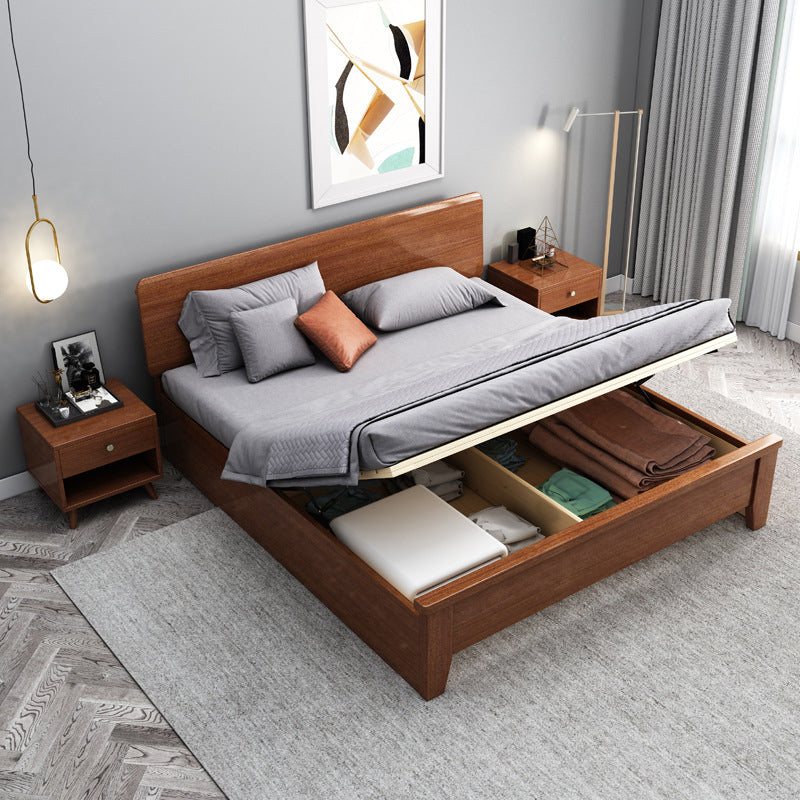 Queen Bed 43.3 Inch High Walnut Panel Bed in Brone with 4 Legs Lift Up Storage Clearhalo 'Bedroom Furniture' 'Beds' 'furn' 'furn_beds' 'Furniture' 6048693