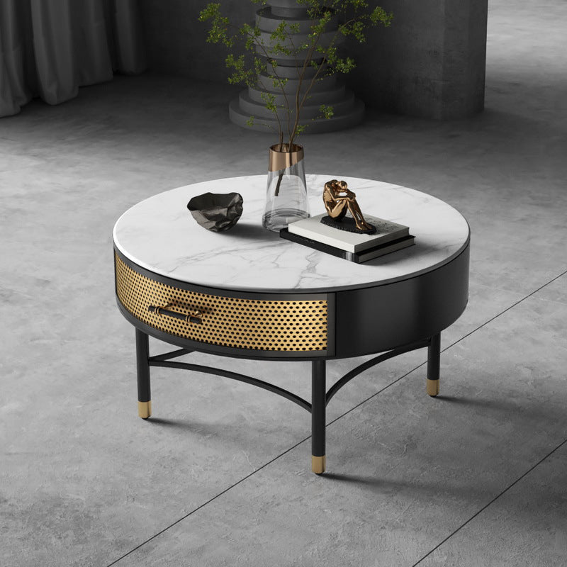 17.7" H Round Slate Coffee Table 4 Legs Cocktail Table with Drawer 31.5"L x 31.5"W x 17.7"H Clearhalo 'Coffee & Accent Tables' 'Coffee Tables' 'coffee_tables' 'furn' 'furn_coffee_tables' 'Furniture' 'Living Room Furniture' 6049211