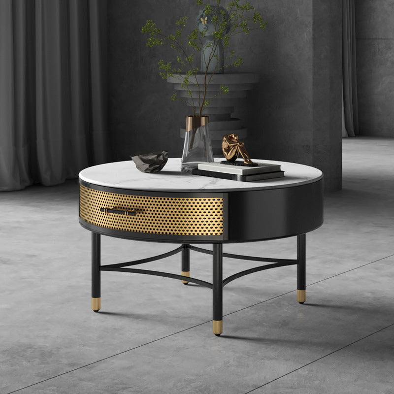 17.7" H Round Slate Coffee Table 4 Legs Cocktail Table with Drawer 24"L x 24"W x 18"H Clearhalo 'Coffee & Accent Tables' 'Coffee Tables' 'coffee_tables' 'furn' 'furn_coffee_tables' 'Furniture' 'Living Room Furniture' 6049212
