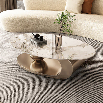 Elliptical Stone Glam Abstrakter Kaffee-Cocktailtisch mit Bodenregal