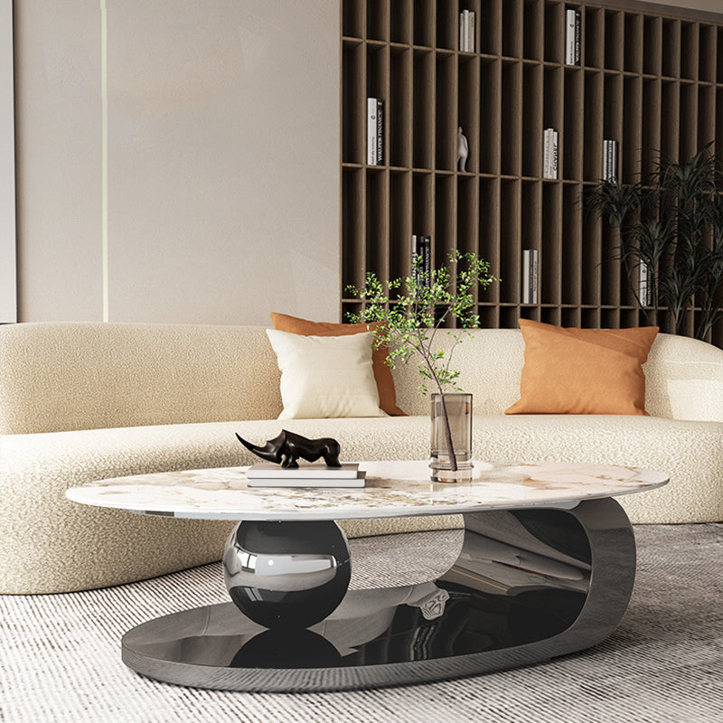 Elliptical Stone Glam Abstrakter Kaffee-Cocktailtisch mit Bodenregal
