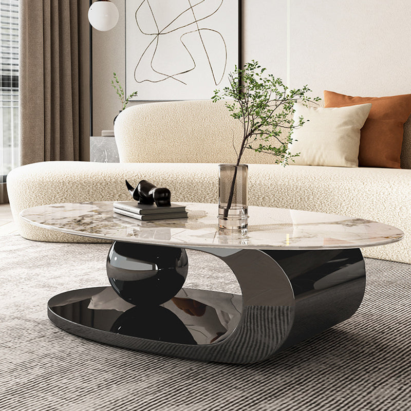 Elliptical Stone Glam Abstrakter Kaffee-Cocktailtisch mit Bodenregal