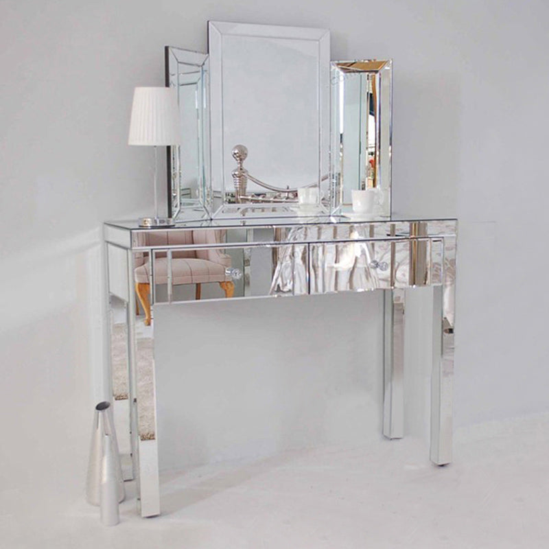 Glass Vanity Set with Tri-Fold 13.77" Wide Make-up Vanity with 2 Storage Drawers Makeup Vanity & Mirror Silver Clearhalo 'Bedroom Furniture' 'furn' 'furn_makeup_vanities' 'Furniture' 'Makeup Vanities' 'makeup_vanities' 6049517