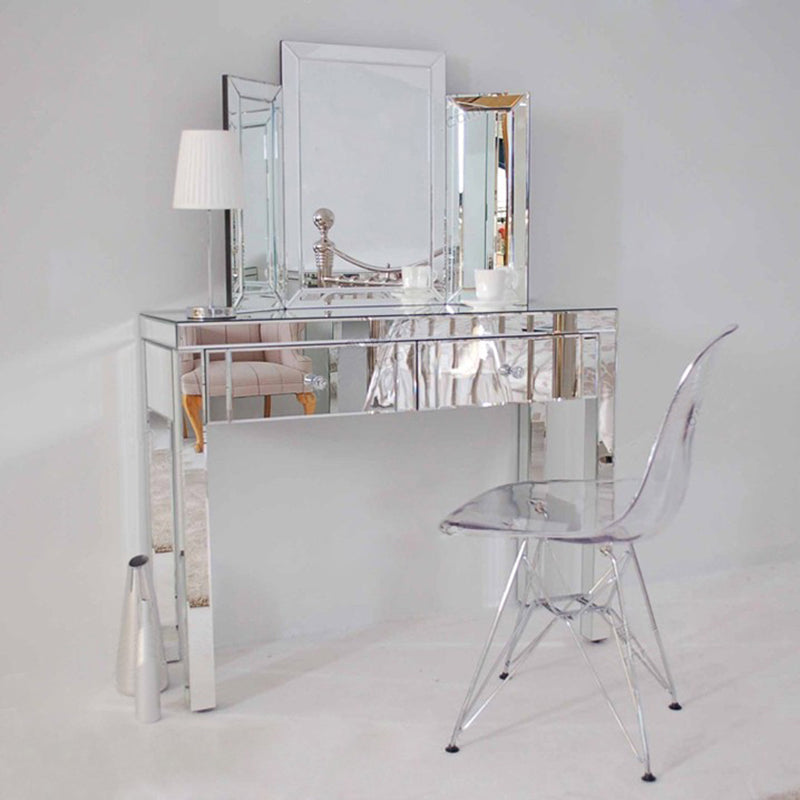 Glass Vanity Set with Tri-Fold 13.77" Wide Make-up Vanity with 2 Storage Drawers Clearhalo 'Bedroom Furniture' 'furn' 'furn_makeup_vanities' 'Furniture' 'Makeup Vanities' 'makeup_vanities' 6049518