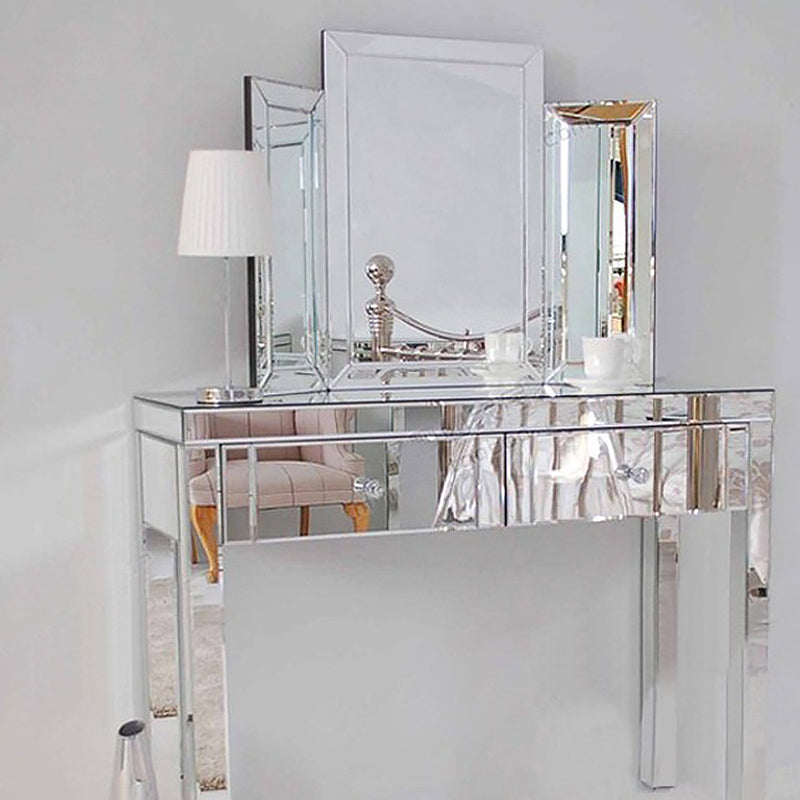 Glass Vanity Set with Tri-Fold 13.77" Wide Make-up Vanity with 2 Storage Drawers Clearhalo 'Bedroom Furniture' 'furn' 'furn_makeup_vanities' 'Furniture' 'Makeup Vanities' 'makeup_vanities' 6049521