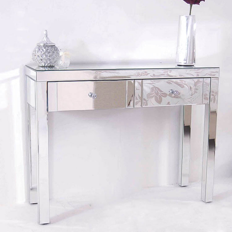 Glass Vanity Set with Tri-Fold 13.77" Wide Make-up Vanity with 2 Storage Drawers Makeup Vanity Silver Clearhalo 'Bedroom Furniture' 'furn' 'furn_makeup_vanities' 'Furniture' 'Makeup Vanities' 'makeup_vanities' 6049530