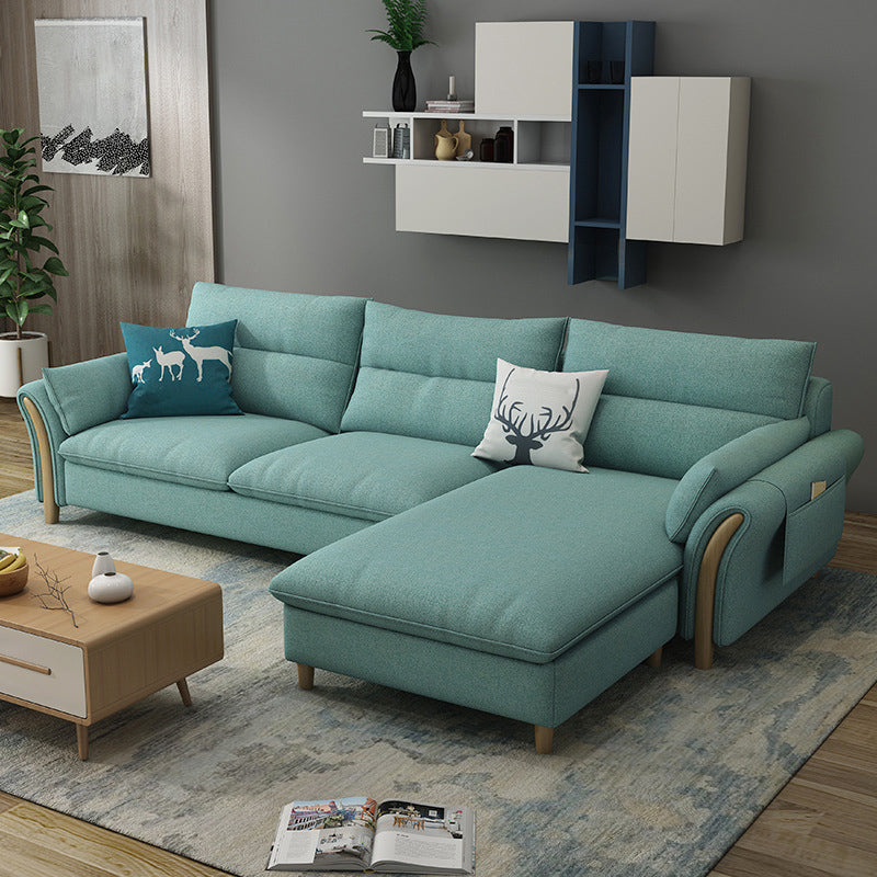 Nrdic stof stationaire woonkamer wijd uitlopende armkussens bank chaise