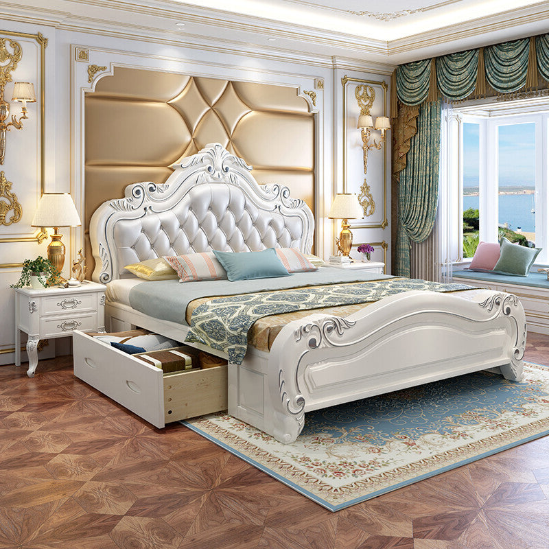 84.65 inch Wide Victorian Bed Frame Pine Wood Bed with Upholstered Headboard Pull-Out Storage Clearhalo 'Bedroom Furniture' 'Beds' 'furn' 'furn_beds' 'Furniture' 6054991