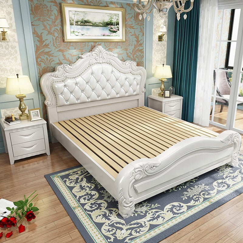 84.65 inch Wide Victorian Bed Frame Pine Wood Bed with Upholstered Headboard Panel Queen Clearhalo 'Bedroom Furniture' 'Beds' 'furn' 'furn_beds' 'Furniture' 6054992