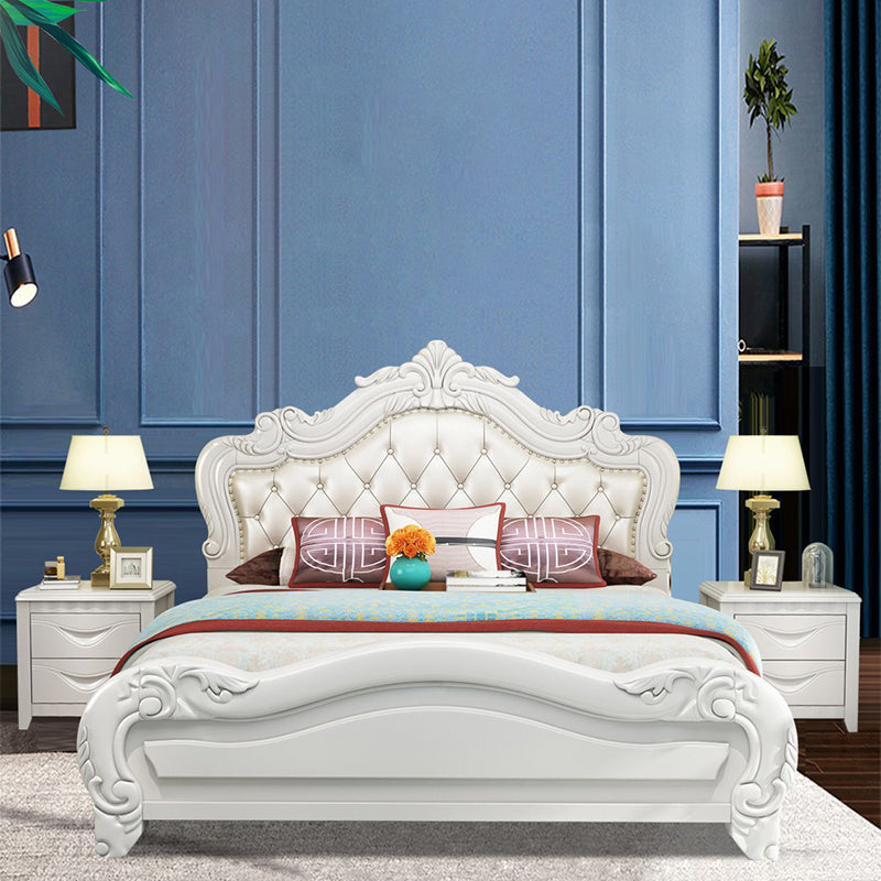 84.65 inch Wide Victorian Bed Frame Pine Wood Bed with Upholstered Headboard Clearhalo 'Bedroom Furniture' 'Beds' 'furn' 'furn_beds' 'Furniture' 6055001
