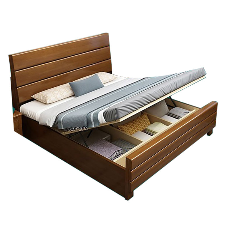 39.37 "Cama de panel marrón alto con cama de madera de goma de almacenamiento con cabecera