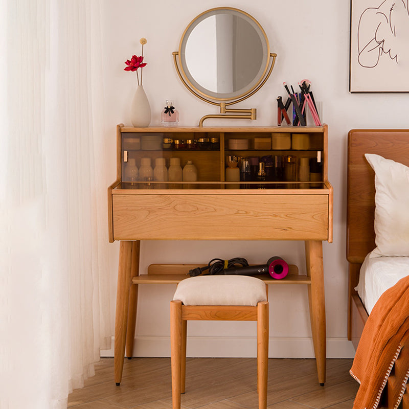 Descripción de tocador de maquillaje marrón 54.33 "Tablas de tocador alto con cajón