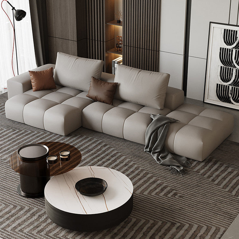 Brown 4-seat Leather Sectional Sofa L-shape Sectional with Pillows