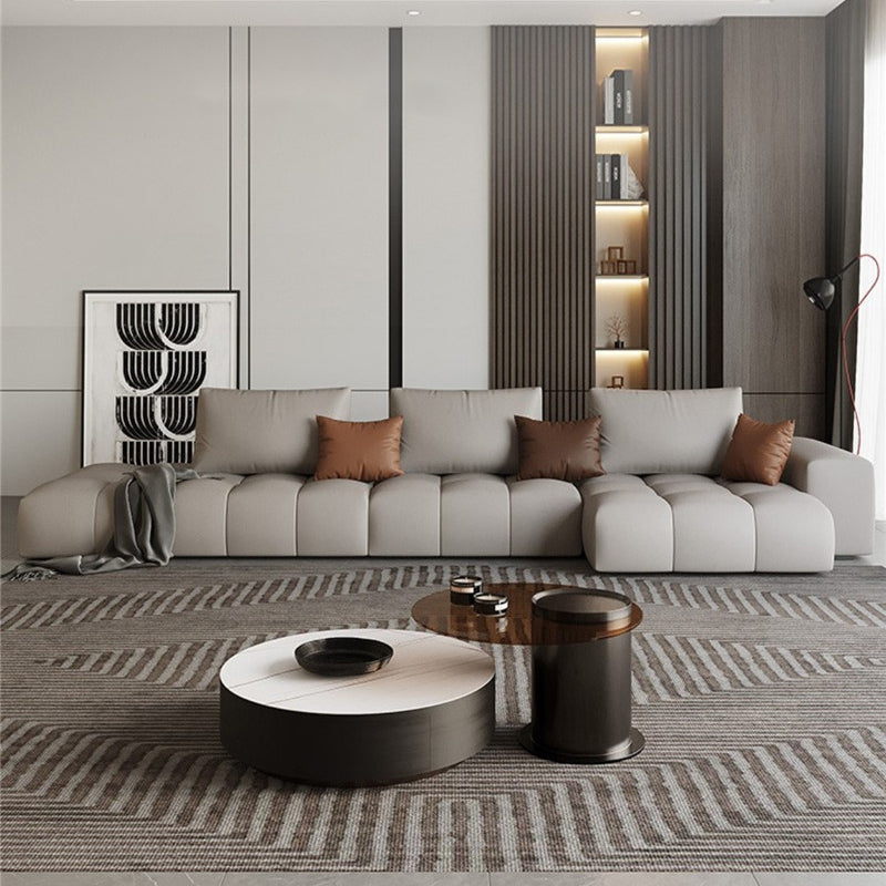 Brown 4-seat Leather Sectional Sofa L-shape Sectional with Pillows