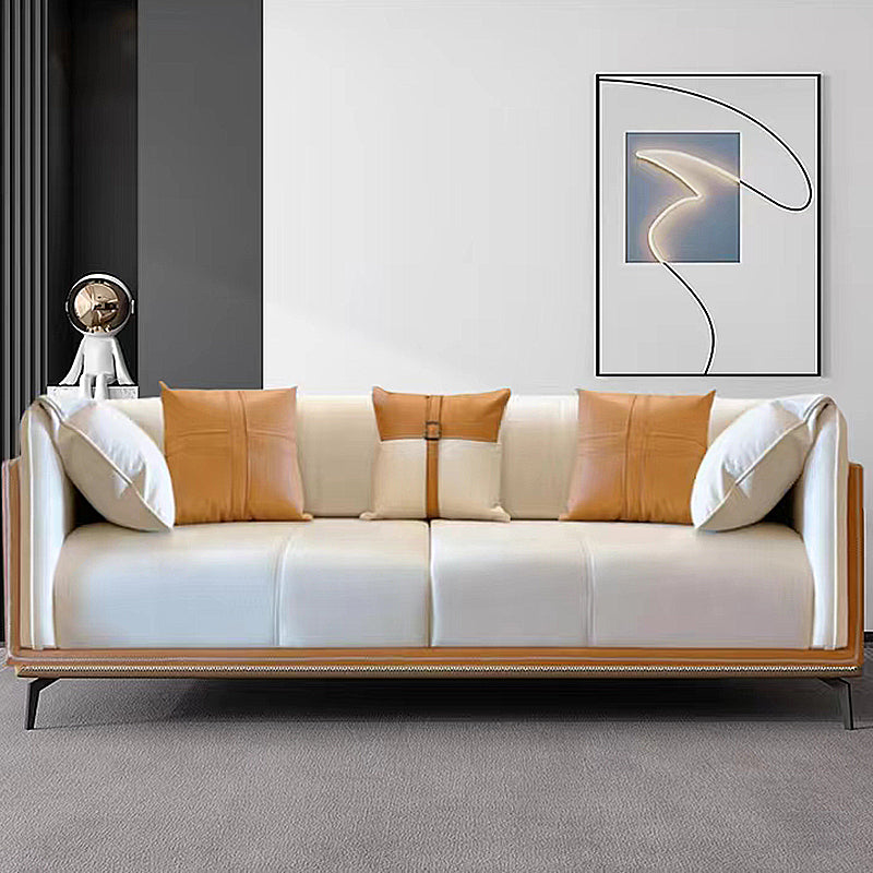29.5" H Contemporary Faux Leather Pillow Top Arm Sofa for Living Room 86.6"L x 37.4"W x 29.5"H Orange White Clearhalo 'furn' 'furn_sofas' 'Furniture' 'Living Room Furniture' 'Sofa' 'sofas' 6055944