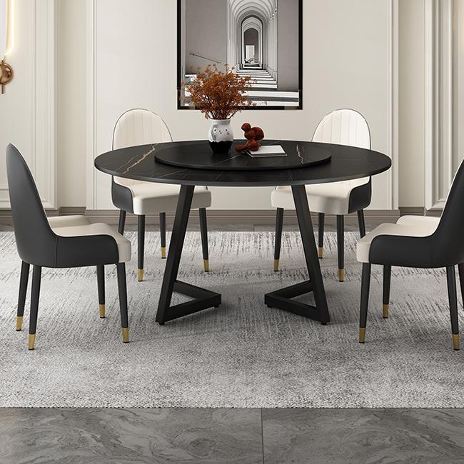 Round Sintered Stone Dining Table Modern Furniture with Double Pedestal for Home Black Gold 59.1"L x 59.1"W x 29.5"H Lazy Susan Clearhalo 'Dining Tables & Seating' 'Dining Tables' 'dining_table' 'furn' 'furn_dining_table' 'Furniture' 'Kitchen & Dining Furniture' 6056972