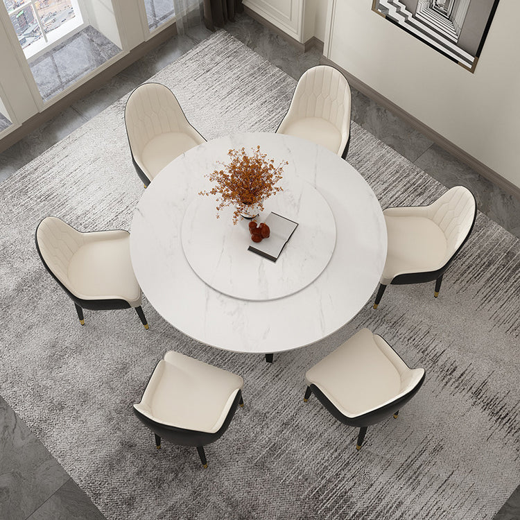 Round Sintered Stone Dining Table Modern Furniture with Double Pedestal for Home White Lazy Susan Clearhalo 'Dining Tables & Seating' 'Dining Tables' 'dining_table' 'furn' 'furn_dining_table' 'Furniture' 'Kitchen & Dining Furniture' 6056981