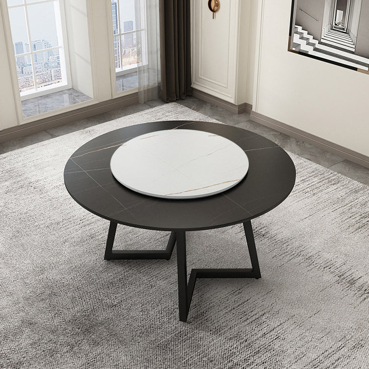 Round Sintered Stone Dining Table Modern Furniture with Double Pedestal for Home Black White Lazy Susan Clearhalo 'Dining Tables & Seating' 'Dining Tables' 'dining_table' 'furn' 'furn_dining_table' 'Furniture' 'Kitchen & Dining Furniture' 6056982