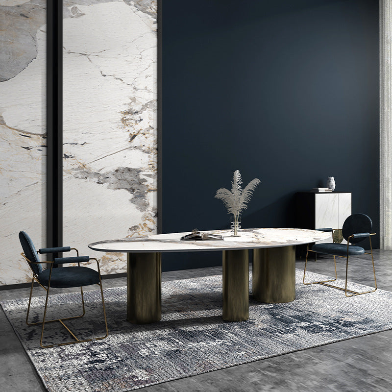 Oval Sintered Stone Dining Table Modern Furniture With Tripod Base for Office White 70.9"L x 35.4"W x 29.5"H Without Chairs Clearhalo 'Dining Tables & Seating' 'Dining Tables' 'dining_table' 'furn' 'furn_dining_table' 'Furniture' 'Kitchen & Dining Furniture' 6057451