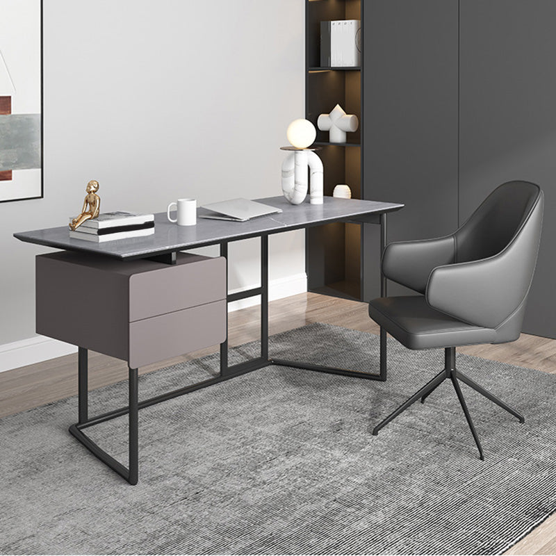 Escritorio de escritura gris rectangular escritorio de metal y piedra con 2 cajones