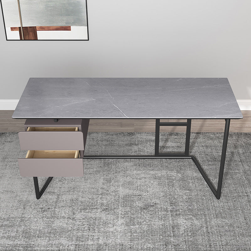 Escritorio de escritura gris rectangular escritorio de metal y piedra con 2 cajones