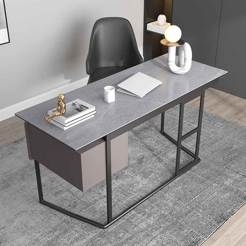 Escritorio de escritura gris rectangular escritorio de metal y piedra con 2 cajones