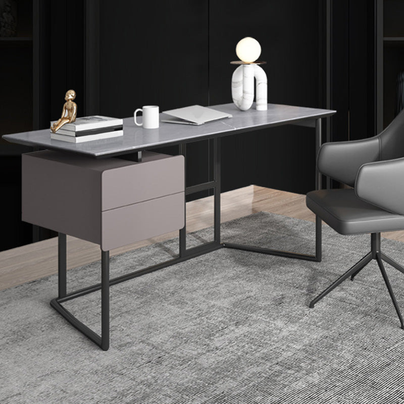 Escritorio de escritura gris rectangular escritorio de metal y piedra con 2 cajones