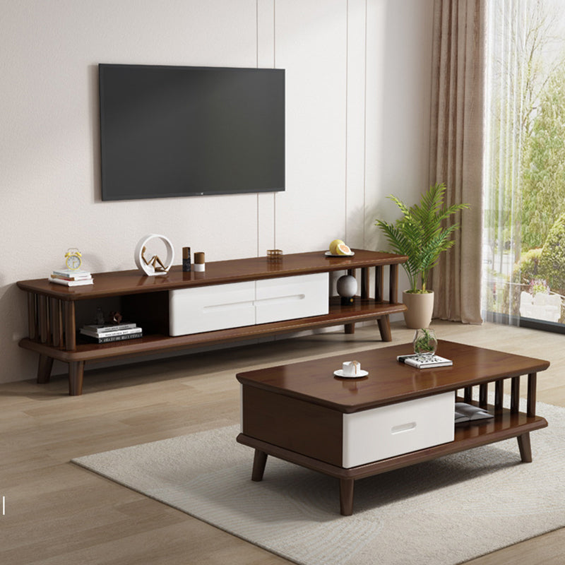 Contemporary Solid Wood TV Console 2-open Shelf TV Stand with Drawers Clearhalo 'furn' 'furn_tv_stands_entertainment_centers' 'Furniture' 'Living Room Furniture' 'TV Stands & Entertainment Centers' 'TV Stands & Media Storage Furniture' 'tv_stands_entertainment_centers' 6060238