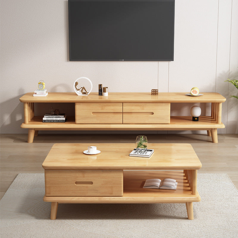 Contemporary Solid Wood TV Console 2-open Shelf TV Stand with Drawers Natural Clearhalo 'furn' 'furn_tv_stands_entertainment_centers' 'Furniture' 'Living Room Furniture' 'TV Stands & Entertainment Centers' 'TV Stands & Media Storage Furniture' 'tv_stands_entertainment_centers' 6060239