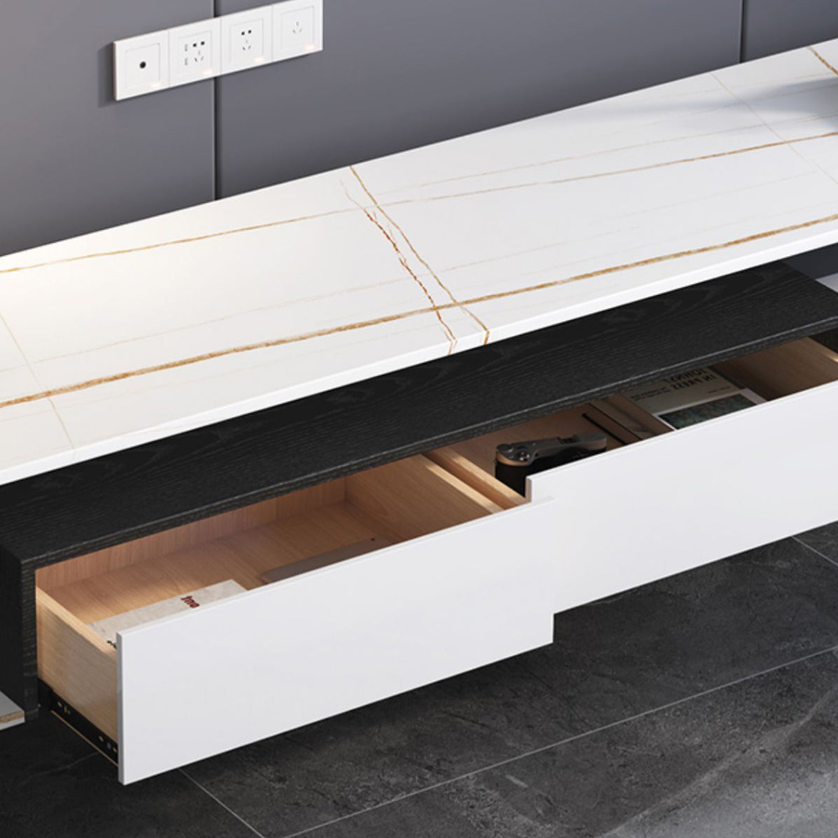 Mueble de TV nórdico para sala de estar, soporte de TV de arte del hierro con placa de roca Simple y moderna