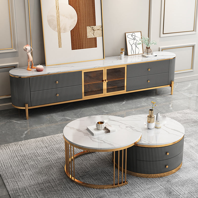 Glam Stone Top 4-Drawer TV Stand White/ Gray TV Console with Glass Doors Clearhalo 'furn' 'furn_tv_stands_entertainment_centers' 'Furniture' 'Living Room Furniture' 'TV Stands & Entertainment Centers' 'TV Stands & Media Storage Furniture' 'tv_stands_entertainment_centers' 6064054