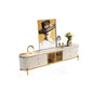 Glam Stone Top 4-Drawer TV Stand White/ Gray TV Console with Glass Doors Clearhalo 'furn' 'furn_tv_stands_entertainment_centers' 'Furniture' 'Living Room Furniture' 'TV Stands & Entertainment Centers' 'TV Stands & Media Storage Furniture' 'tv_stands_entertainment_centers' 6064058