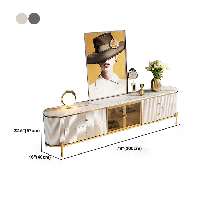 Glam Stone Top 4-Drawer TV Stand White/ Gray TV Console with Glass Doors Clearhalo 'furn' 'furn_tv_stands_entertainment_centers' 'Furniture' 'Living Room Furniture' 'TV Stands & Entertainment Centers' 'TV Stands & Media Storage Furniture' 'tv_stands_entertainment_centers' 6064062
