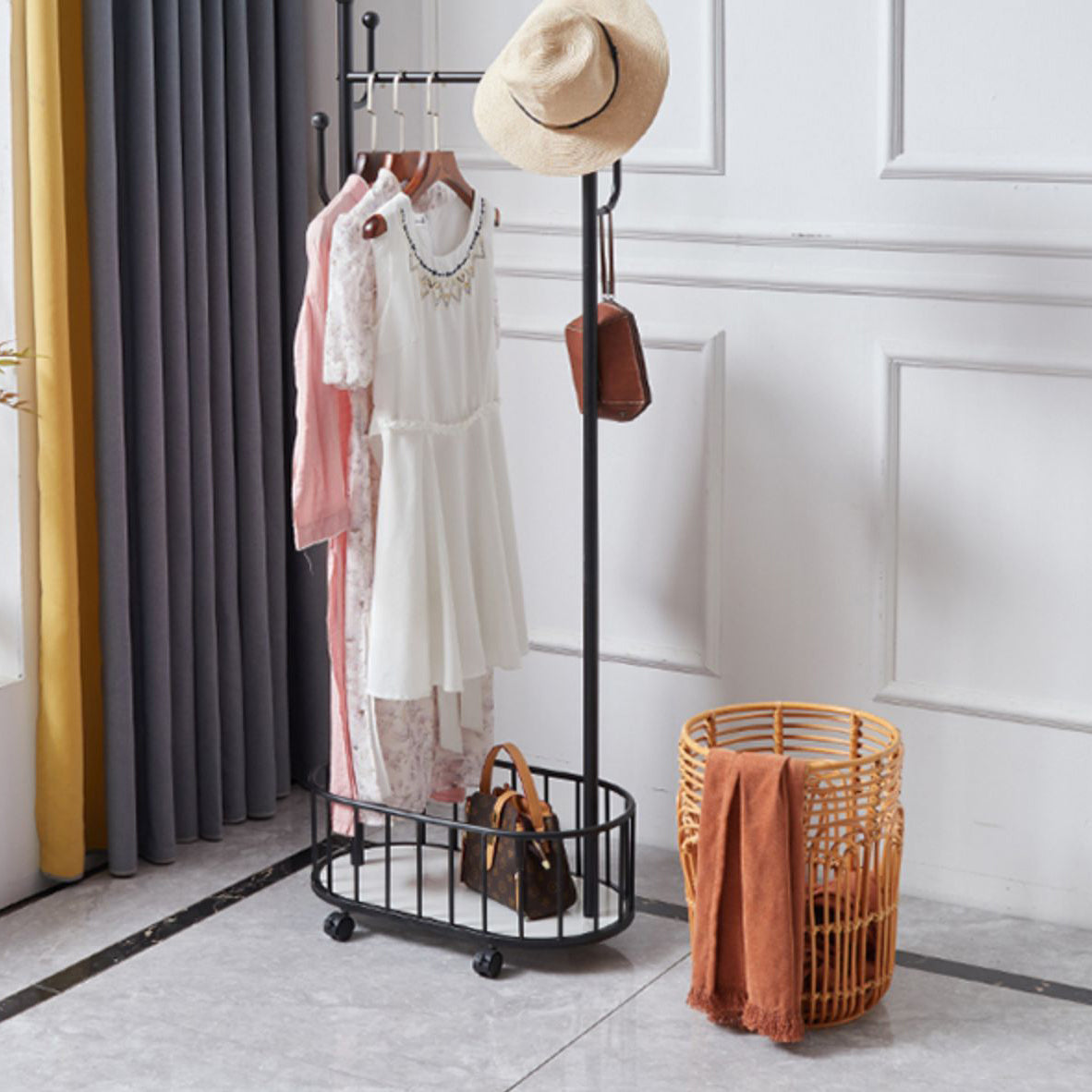 Popular Metal Coat Hanger Storage Basket Solid Color Coat Rack with Castors Clearhalo 'Entry & Mudroom Furniture' 'furn' 'furn_hall_tree_coat_racks' 'Furniture' 'Hall Trees & Coat Racks' 'hall_tree_coat_racks' 6064823