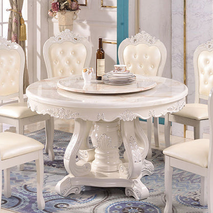 White Stone Top Dining Table Round Table with Wood Pedestal Base