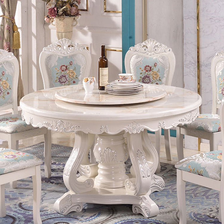 White Stone Top Dining Table Round Table with Wood Pedestal Base