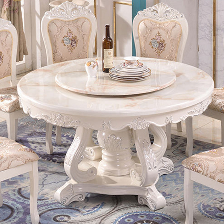 White Stone Top Dining Table Round Table with Wood Pedestal Base