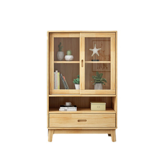 Contemporary Cabinet Natural Finish Side Cabinet with Glass Paned 24.8"L x 11.8"W x 39.8"H
